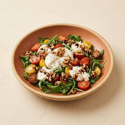 Burrata-Salat mit Rucola, Cherry-Tomaten, Burrata, Walnüsse, Granatapfelsirup
